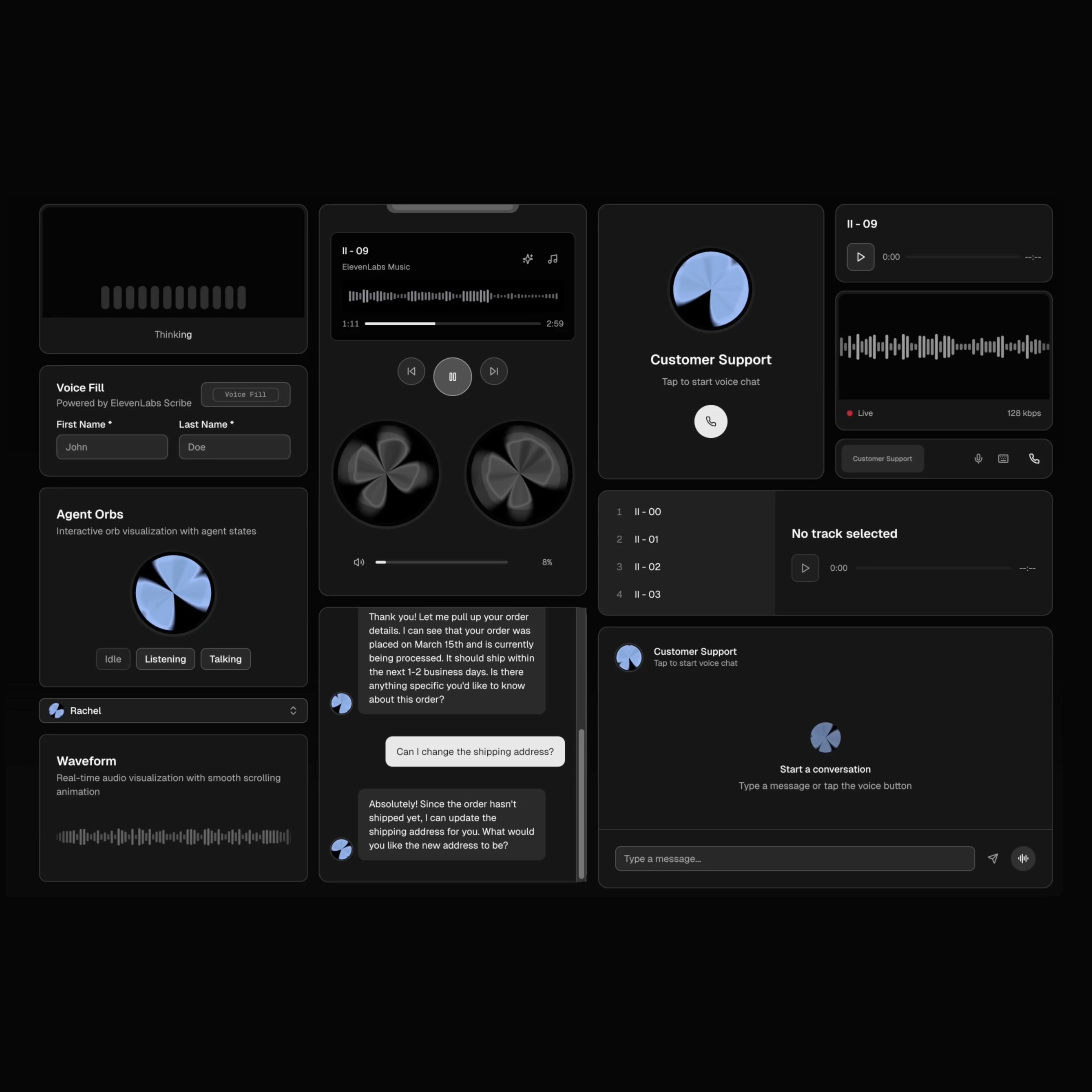 A bento grid of agent components powered by ElevenLabs