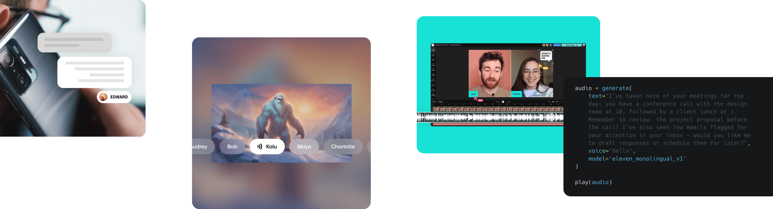 A collage of digital images showing a smartphone with chat bubbles, a fantasy artwork of a yeti, a video call with two people, and a code snippet for generating audio from a text message.