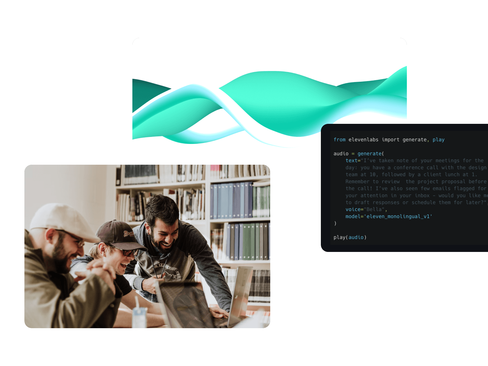 Group of people laughing and working together at a table in a library or office setting.