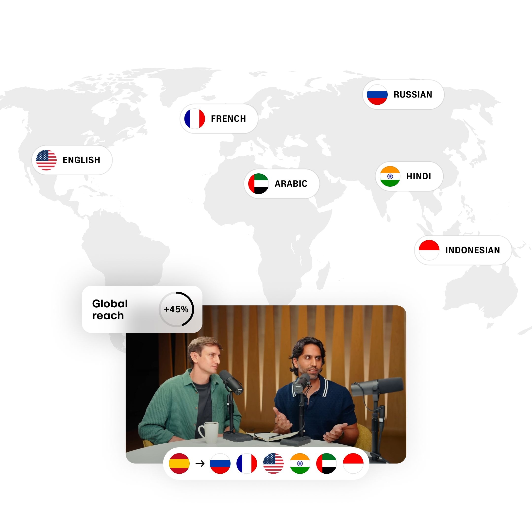 Two men speaking into microphones during a podcast or radio recording, with a world map and language icons in the background.