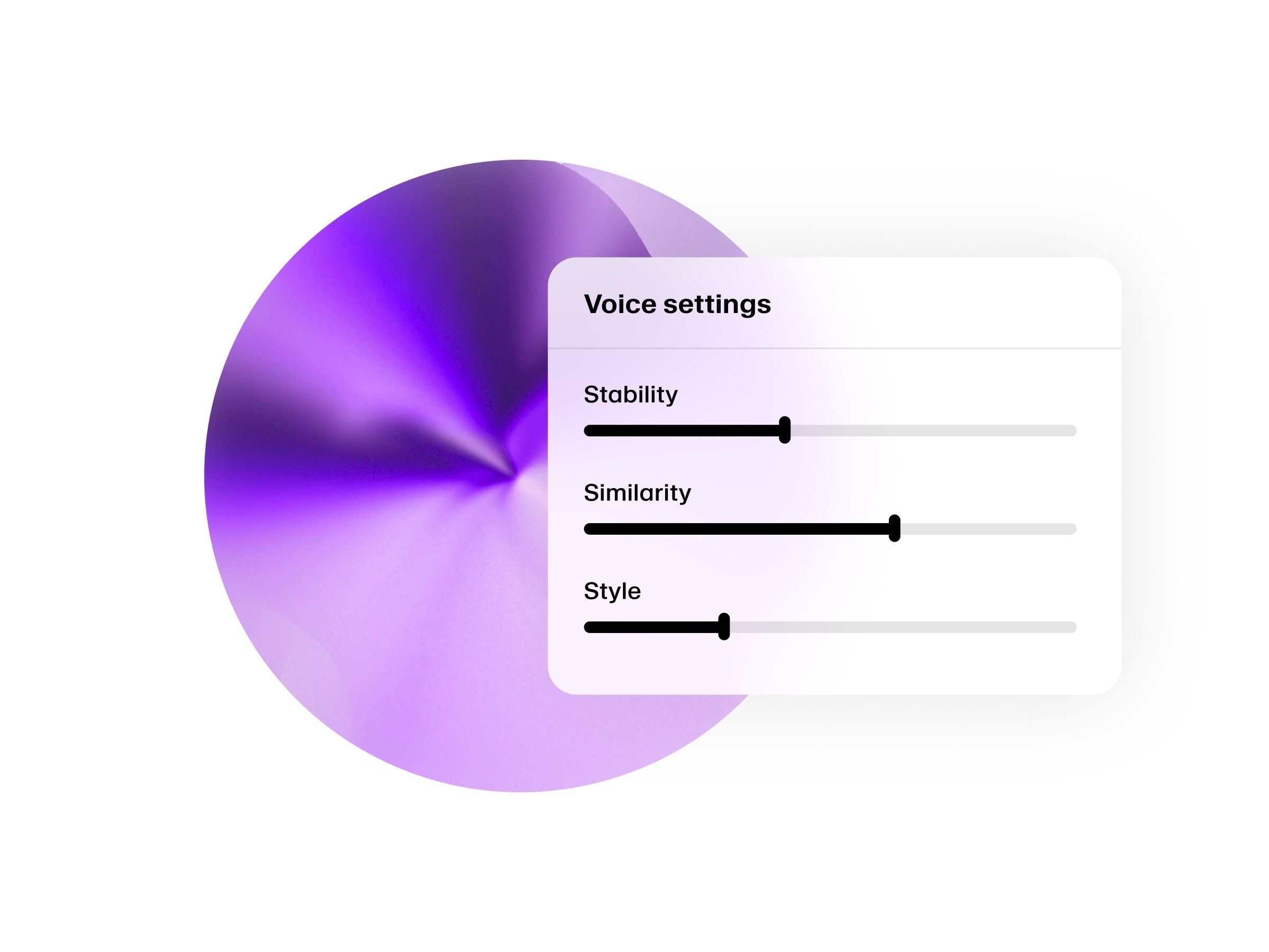 A purple and blue abstract swirl with a semi-transparent overlay of voice settings sliders labeled "Stability," "Similarity," and "Style."